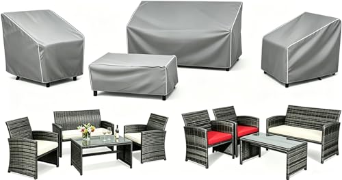 Image of STARTWO Patio Furniture Cover 4 Piece Set, Grey, Small | Outdoor Furniture Cover Waterproof for Loveseat, Lawn Chairs, Coffee Table, Windproof with Buckle Strap