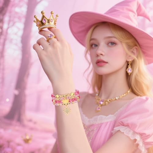 Image of NLCAC Pink Green Witch Princess Friendship Matching Bracelets Crown Witch Hat Bracelets for Elphaba Glinda Fans Witch Merch Jewelry BFF Couples Accessories Gifts