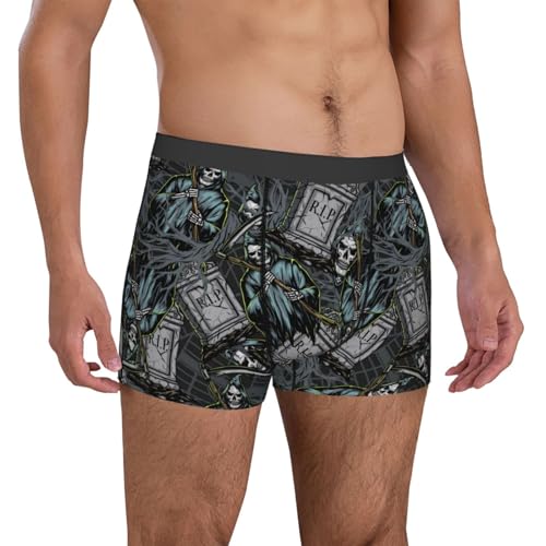 Mens Underwear Boxer Briefs - Grim Reaper Tombstones Pattern Breathable Men's Boxer Briefs with Flex Waistband