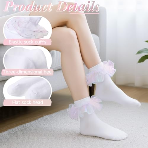 Image of Geyoga 3 Pairs Women Big Ruffle Socks Turn Cuff, Double Lace Ankle Cotton Frilly Socks for Ladies Summer