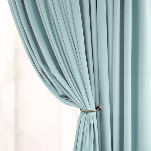 Image of Extra Long Light Blue Velvet Blackout Curtains 108 Inch Length 2 Panel for Large Window Living Room Spring Back Tab Pocket Cold Blocking Heavy Ceiling Floor Winter Drape for Bedroom Patio Sliding Door