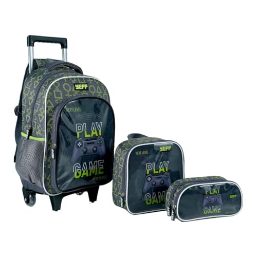 Kit Mochila Escolar de Rodinhas 16” YEPP Play Game – Lancheira Térmica + Estojo – Para Meninos