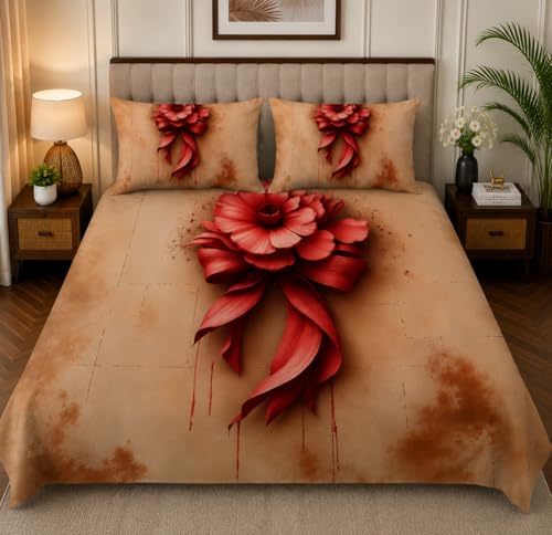 Image of 7D Digital Printed King Size Bedsheet with 2 Pillow Covers | Soft Premium Cotton Feel Microfiber Double Bed Bedsheet | Wrinkle Free & Fade Resistant | (RedBow, KingSize-225x250CM)