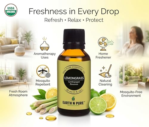 Image of Earth N Pure Lemongrass Essential Oil - Steam Distilled for Fresh Aroma, Focus & Relaxation - 100% Pure & Undiluted | 15ml