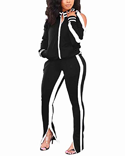 Women's Two Piece Outfits Cold Shoulder Bodycon Jacket Pants Jogging Set Tracksuit Sportswear with Pockets Slit Black S