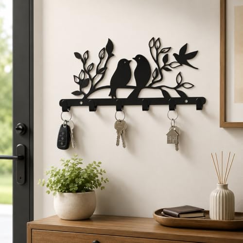 Image of Key Holder for Home, Metal Wall Mounted, 6 Hooks (Birds Desigh) | Cat Design, Includes Mounting Screws, For Home Use, 6 Hook Hanger, Metal Construction
