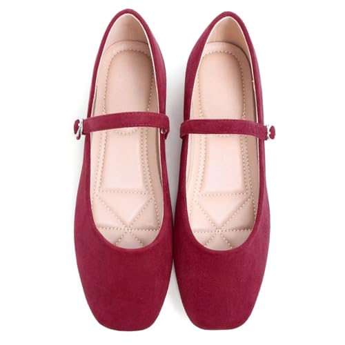 Stunner Women's Mary Jane Ballet Flats Fashion Square Toe Ankle Strap Flats Comfortable Casual Slip On Dress Shoes Wine red 38(7) 24
