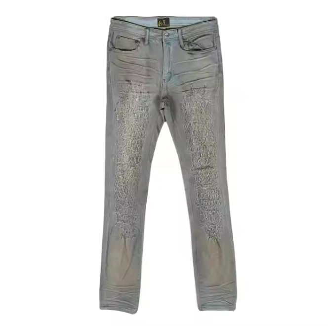 Relaxed Men's Jeans - Slim Waist, Straight Leg, Long Length, with Unique Distressed Design