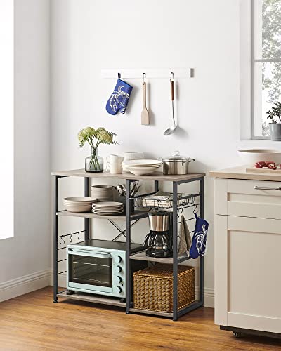 Image of VASAGLE ALINRU Kitchen Baker's Rack, Coffee Bar, Microwave Oven Stand, with Steel Frame, Wire Basket, 6 Hooks, for Mini Oven, Spices Utensils, Industrial, Heather Greige and Ink Black UKKS090B02