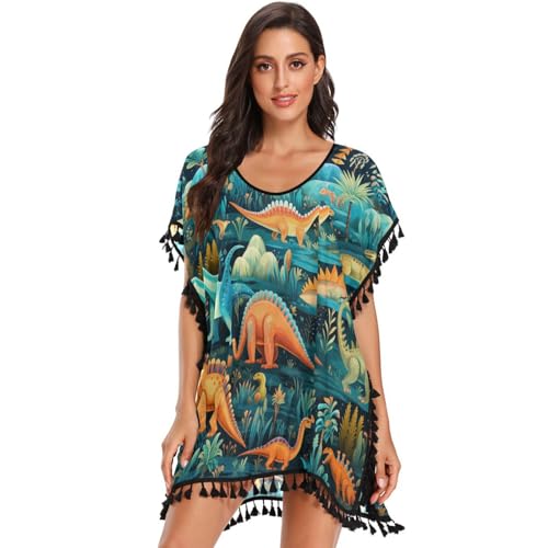 Cartoon Cyan Dinosaurs Art Women's Beach Cover Up Chiffon Tassel Swimwear Swimsuit Coverups for Girl