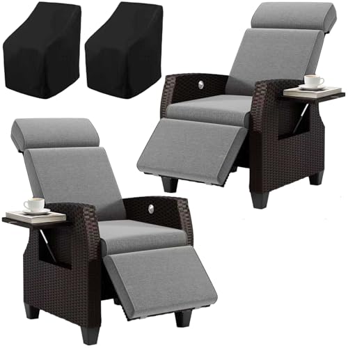 Fiutazge Set 2 Tumbona de Ratán Respaldo Regulable con Cojín,Funda Protectora,Tumbona de Jardín,Fácil Limpieza Fundas Intercambiables,Silla de jardín,para Patio Terraza-Gris