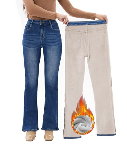Yehopere Women's Fleece Lined Straight Flare Leg Winter Thermal Flannel Lined Jean Denim Trouser Pant