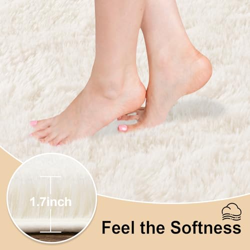 3x5 Rugs for Bedroom, Large Fluffy Cream White Area Rugs for Living Room, Soft Shag Kids Rug Small Carpet with 4 Non-Slip Rug Pads (3ft x 5ft, Cream White)