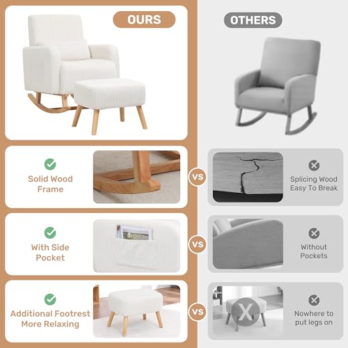 Image of HCHAIRH Rocking Chair with Ottoman, Corduroy Upholstered Glider Rocker with High Backrest and Side Pocket, Comfy Reading Chair with Solid Wood Legs for Nursery, Living Room,Bedroom Beige