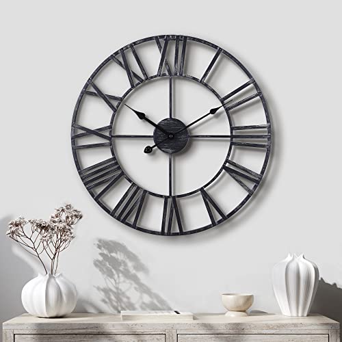 Lafocuse Horloge Murale Noir Grande avec Chiffres Romains Silencieuse Pendule Murale Quartz Squelette Métal Industrielle Art Déco pour Salon Bar 45cm