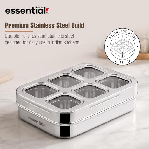 Image of Essential Plus Stainless Steel Multi Use Box, 24.5cm (150ml), See Through Lid, 6 in 1 Masala Dabba / Spice Box for Kitchen, Rectangular Spice Organizer / Masala Dani with 6 Containers, Easy to Clean