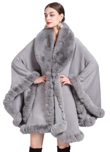 Image of Women Poncho Cape Faux Fur Collar Knitted Cardigan Sweater Batwing Long Sleeve Shawl Wrap Coat Oversized Cloak