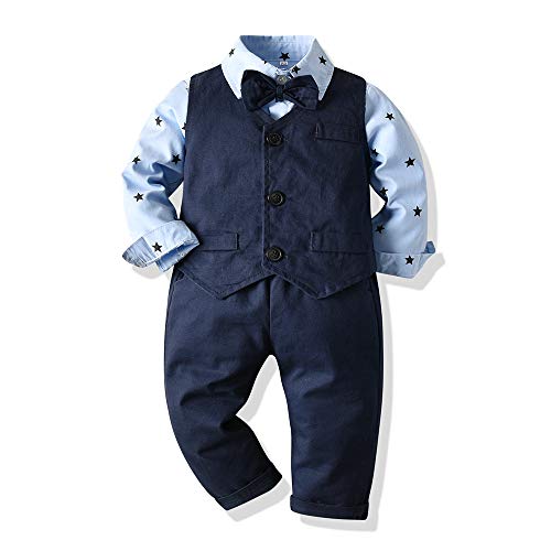 Tem Doger Baby Boys Formal Suit Toddler Gentleman Set Clothes Dress Slim Fit Long Sleeve Shirt+Blue Vest+Pants Outfits Tuxedo (120/4-5T, Star-Long)