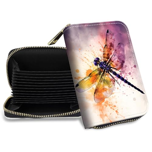 Credit Card Holder with Zipper, Slim RFID Blocking Card Wallet for Women Men Art Colorful Dragonfly Design PU Leather Small Accordion Card Case Wallet, ID Card Organizer, Pocket Business Card Case