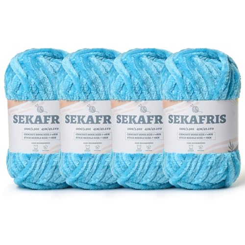 Image of Chenille Velvet Soft Yarn Lake Blue 4 Pack | 400g /196.8yds Fuzzy Chunky Chenille Yarn for Crocheting Plush Yarn for Hand Knitting Amigurumi Fluffy Yarn