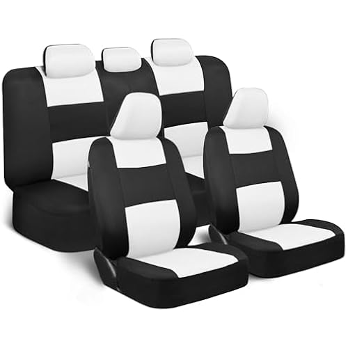 BDK PolyPro Car Seat Covers Full Set in White on Black, Front and Rear Split Bench Seat Covers for Cars, Easy to Install Car Seats Cover Set and Accessories for Auto Trucks Van SUV - White