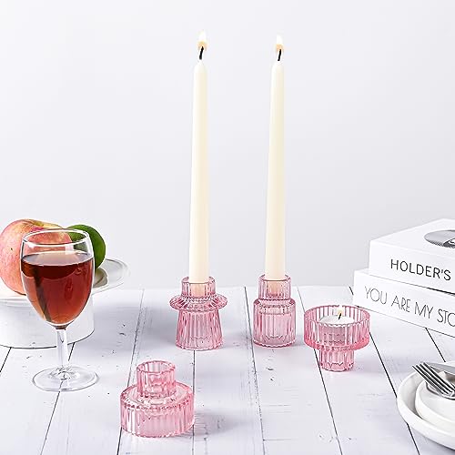 NEOEGOR Taper Votive Candle Holder for Pillar Candles Tealight, Candlestick Holder for Wedding Christmas Tea Party, Boho Ribbed Vintage Crystal Glass Table Centerpiece Decor, Bulk Set of 6 (Pink) by NEOEGOR - Image 8