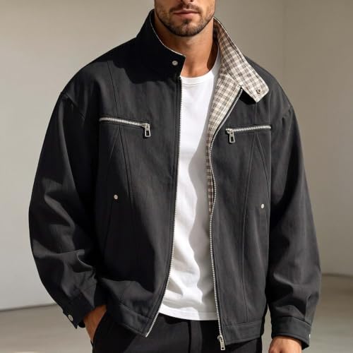 TERGHTP Mens Bomber Jacket Stand Collar Plaid Contrast Casual Jacket - image 2