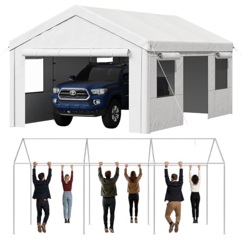 Image of Aoxun 10x20FT Car Port Heavy Duty Car Tent Garage for Vehicles White