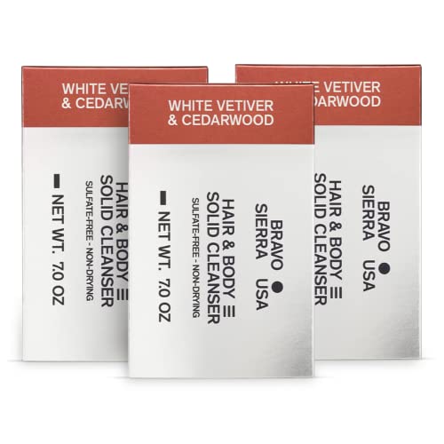 Bravo Sierra Body And Hair Shampoo Bar All-In-One Mens Solid Cleanser Soap For Face & Body - 3-Pack (White Vetiver & Cedarwood) - Coconut, Shea Butter For Soft Skin & Hair #TOP10