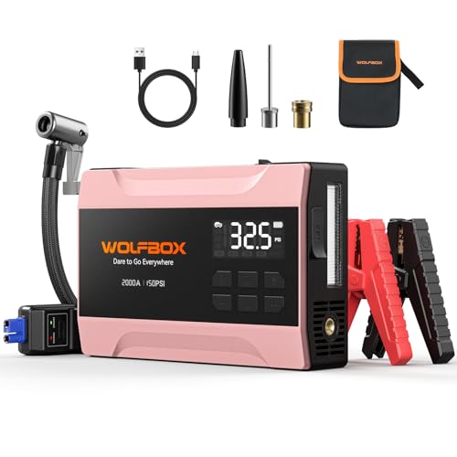Image of WOLFBOX 2000A Jump Starter with Air Compressor, 37Wh Car Battery Booster Jumper Starter Portable(up to 5L Gas Engine), 12V Jump Box Pack with 150PSI Tire Inflator, Jumper Cables, LED Light - Rose Gold