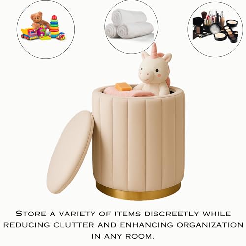 Image of Velvet Storage Ottoman Pouffe - Round Upholstered Sitting Stool & Footrest | Multi-Purpose Puffy Mudda for Living Room, Bedroom, Office - Stylish Home Furniture & Decor (Cream)
