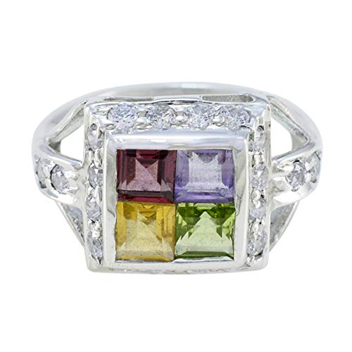 Real Gemstones Square Shape Multi Stone Faceted Multi Stone ring-Solid Silver Multi Color Multi Stone Ring-June Birth Gemini Astrology Real Gemstones Ring SRMULFC-8113-4 us