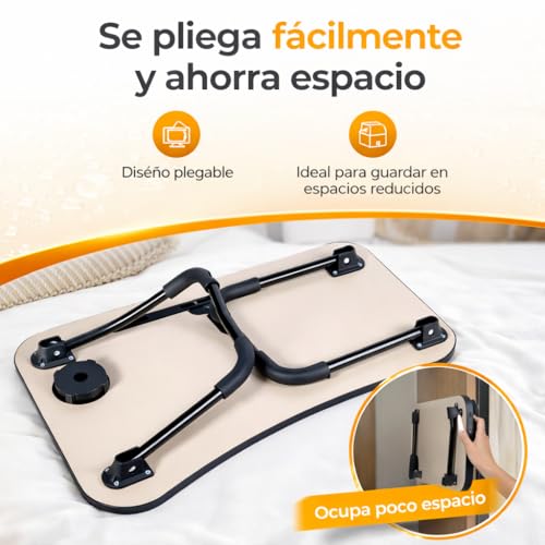 Miniatura 6 de Mesa Plegable Auxiliar Portátil Pequeña. Mesita Para Ordenador En Cama, Sofa, Salón, Cocina, Suelo. Posavasos. Patas Antideslizantes. Ranura Para Tablet Y Pen. Superficie Texturizada. 60x40cm