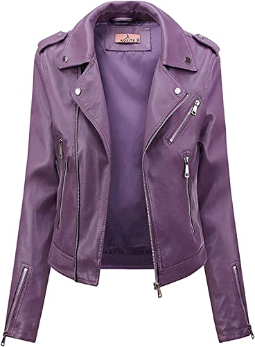 Safety Certification Women's Faux Leather Classic Motorcycle Jacket Zip Up Moto Biker Outwear Fitted Slim Coat (Color : Purple, Size : 3Xl-3Xlarge) #TOP21