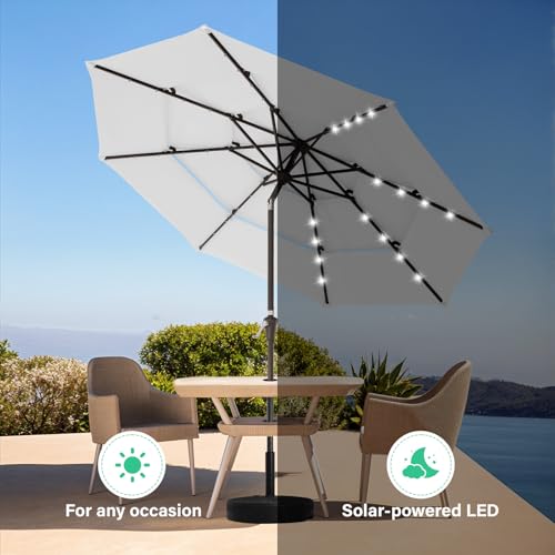 Image of JEAREY 3 Tiers Patio Umbrella with Solar Lights 9ft Outdoor Market Table Umbrellas with Push Button Tilt for Outside Pool Garden, Creamy-white