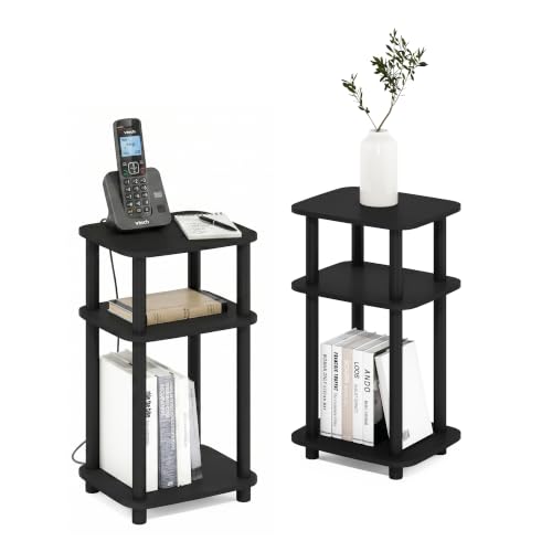 Image of Furinno JUST 3-Tier Telephone Table Set of 2, Turn-N-Tube Toolless Side Table with Open Shelf, Round Curve Corner Night Stand, Bedside Table, for Living Room, Bedroom, Americano