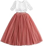 2Bunnies Girl Floral Scallop Lace Tutu Tulle Boho Bohemian Flower Girl Dress 2 Piece Outfit Sets (Dusty rose, 12-14 Years)