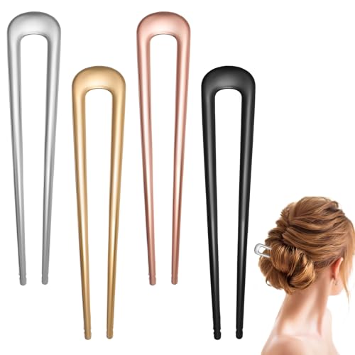 Heclia French Hair Pins 4PCS Large U Shaped Hairpins for Girls Women Metal Vintage French Twist Hair Pins for Bun Chignons Updos Elegant 2 Prong Sticks for Wedding Updo Hairstyles and Top Knots