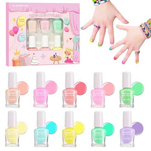 ALIKOSSTOR Vernis Enfant à l'eau, Set de vernis à ongles pour enfants, 10 Couleurs pastel macaron Vernis à ongles non toxique Peel Off, Cadeaux De Fête De Vacances...