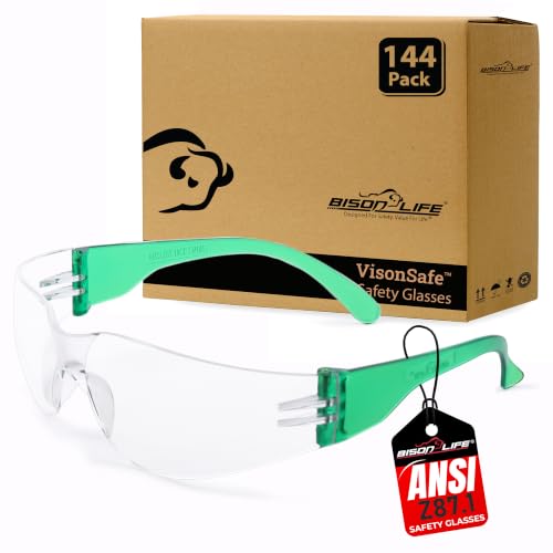 Image of BISON LIFE Clear /Green Safety Glasses for Men & Women, ANSI Z87.1, 144 Pack | Scratch & Impact Resistant Wraparound Safety Goggles, UV Protection Eyewear for Work, Construction, Lab, Industrial