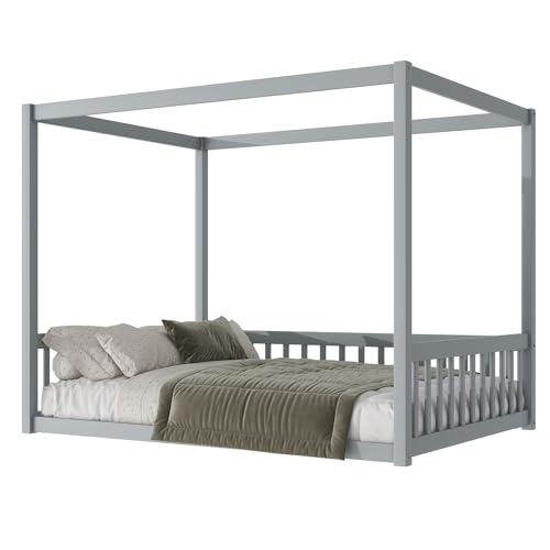Image of Full Size 4-Posters Canopy Bed Frame with Fence Guardrails, Rubber Wood Montessori Floor Platform Bed for Kids Teens Girls Boys, No Box Spring Needed (Grey-02)