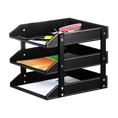 Letter Trays Leather Desk File Organizer, 3-Tier Shelves Document Paper Holder Tray, Office Desktop Accessories Storage Sorter for Folders/Stationery/Bills/Magazine/Newspaper (Black) Cover