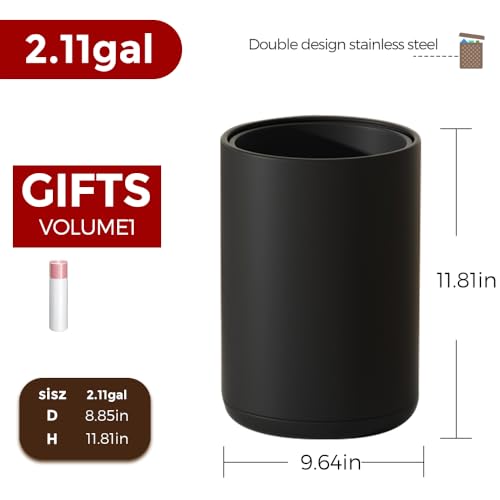 Image of 8L /2.1GAL Small Trash Can, Modern Black Metal Bath trashcan,Large Open Trash Can with Double Barrel for Bedroom, Children's Room, RV, Laundry Room (BLACK-8L)