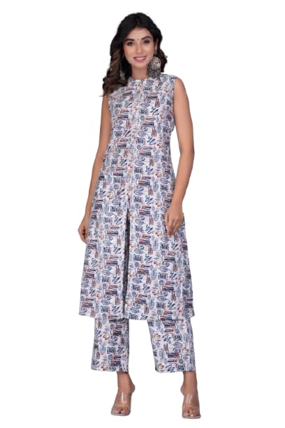 Image of Cotton Printed Front Slit Kurta with Palazzo Set for Women