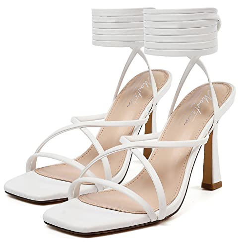 Mostrin White Strappy Heels for Women Lace Up Heels Tie Up Stiletto Heeled Sandals Square Open Toe High Heels for Prom, Party and Weddings Size 7