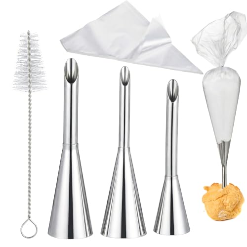 Puff Cream Filling Piping Tip, 3 PCS Long Donut Filler Injector with 50 Disposable Pastry Piping Bags and Injector Tip Cleaning Brush, Cream Puff Filling Nozzles Cupcake Filler Tool for Donuts Eclairs