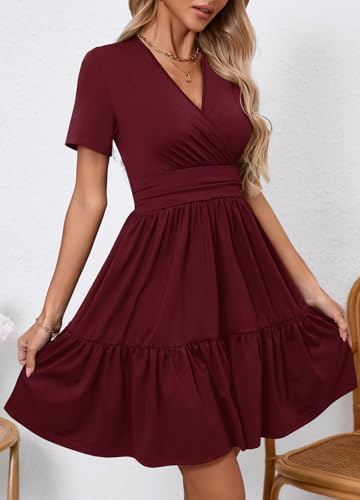 Image of Women's Casual Summer Dress V Neck Short Sleeve Flowy Stretchy Comfort Fit for Daily Wear Work Midi Dresses