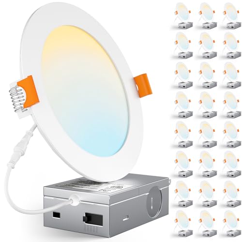 CHARKEE 24 Pack 6 Inch 5CCT Ultra-Thin LED Recessed Ceiling Light with Junction Box 2700K-5000K 1050LM High Brightness Dimmable Canless Wafer Downlight 12W Eqv 110W ETL & Energy Star & FCC