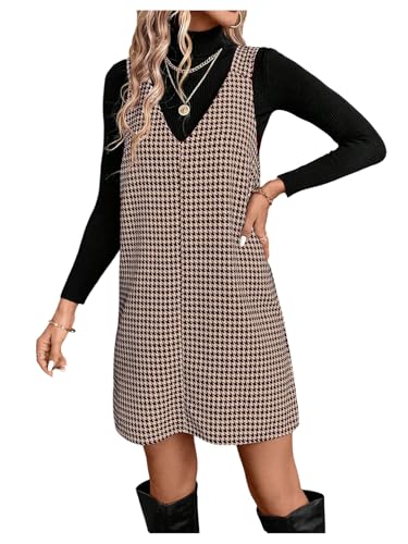 OYOANGLE Women's Houndstooth Print V Neck Overall Dress Sleeveless Pinafore Short Dresses