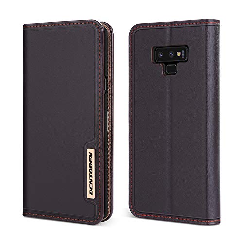 BENTOBEN Genuine Leather Galaxy Note 9 Wallet Case, Heavy Duty Rugged Protective Phone Case Cover with Flip Kickstand Credit Card Slot Cash Holder for Samsung Galaxy Note 9, Brown
